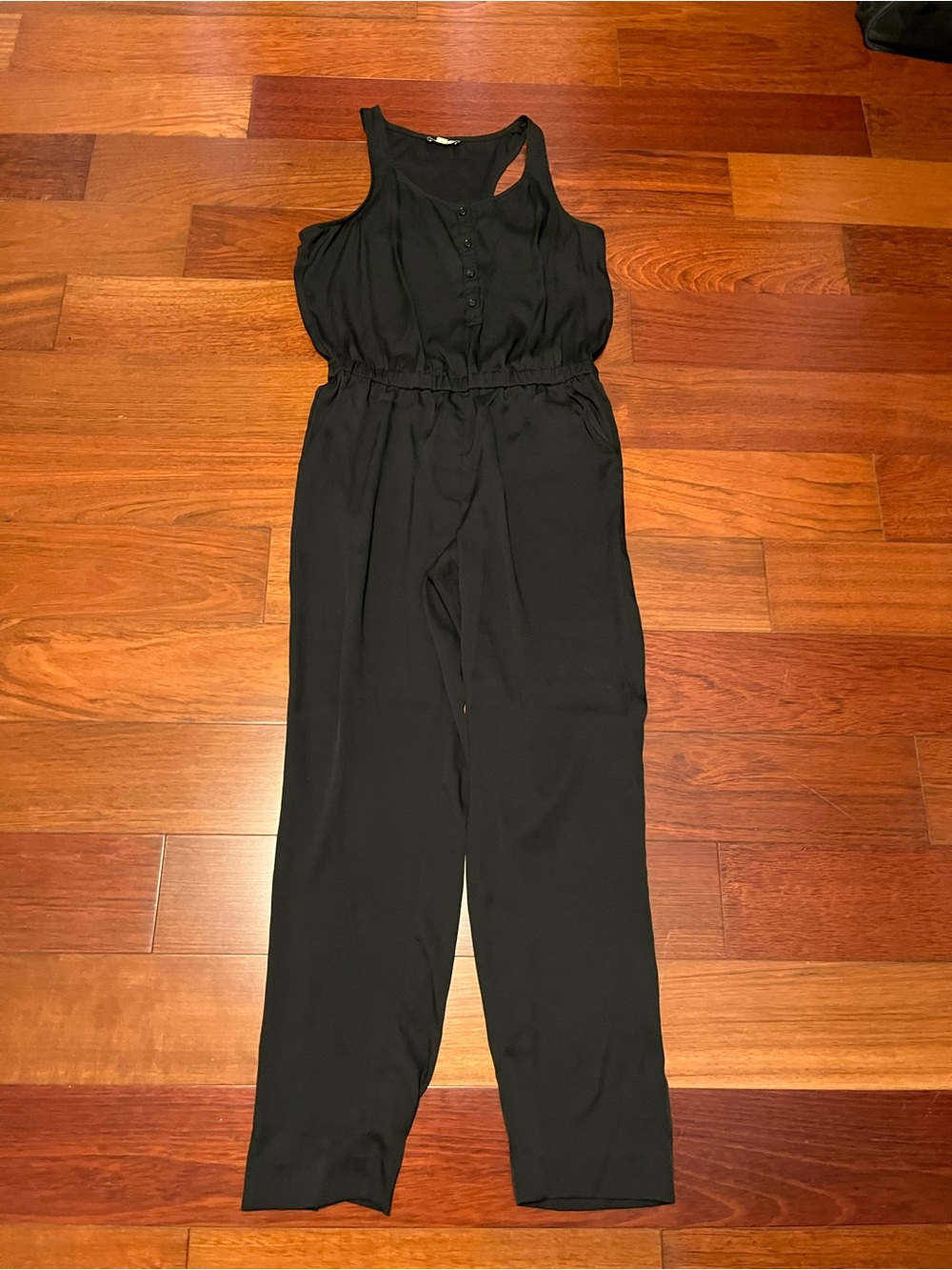 LOFT Black Sleeveless Button-Front Jumpsuit with Elastic Waist